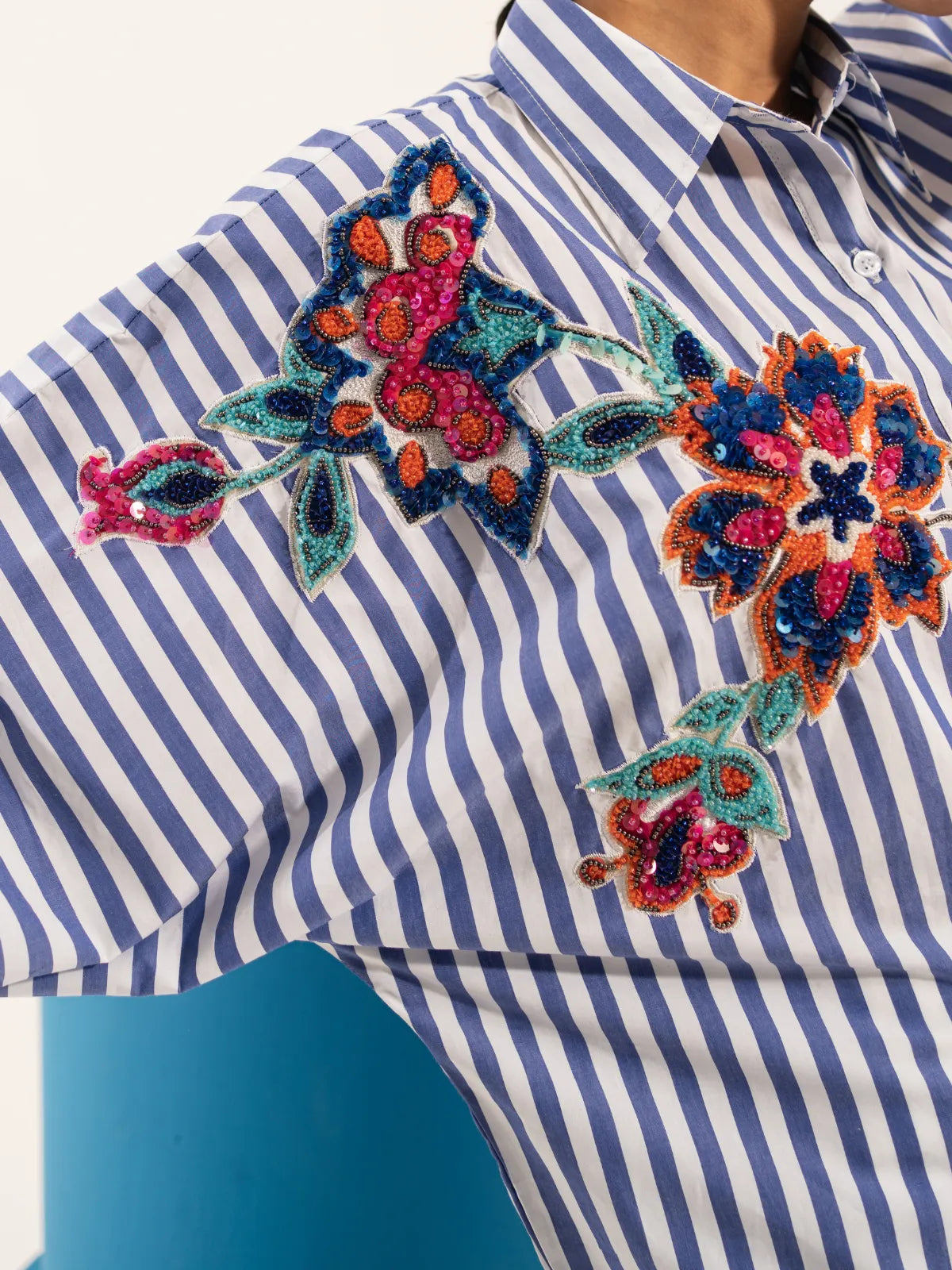 Beaded Floral Raglan Stripe Shirt