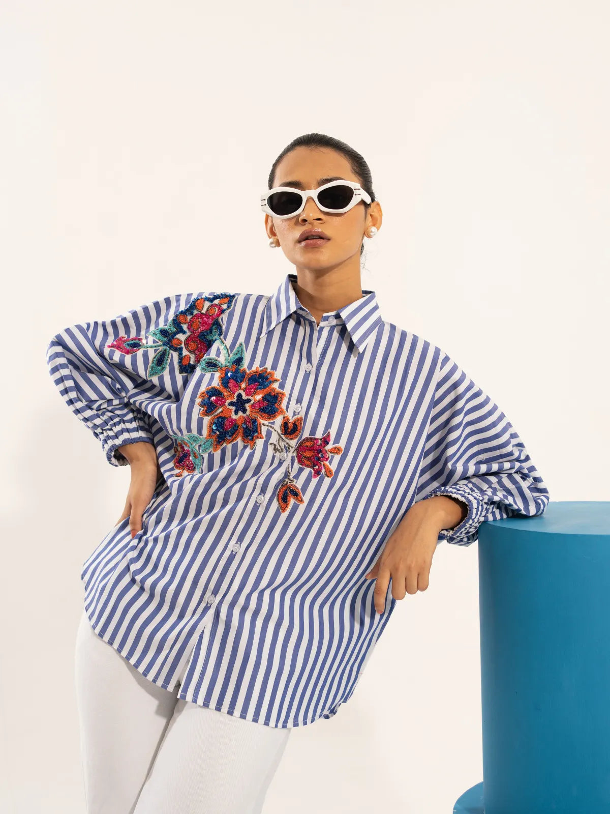 Beaded Floral Raglan Stripe Shirt